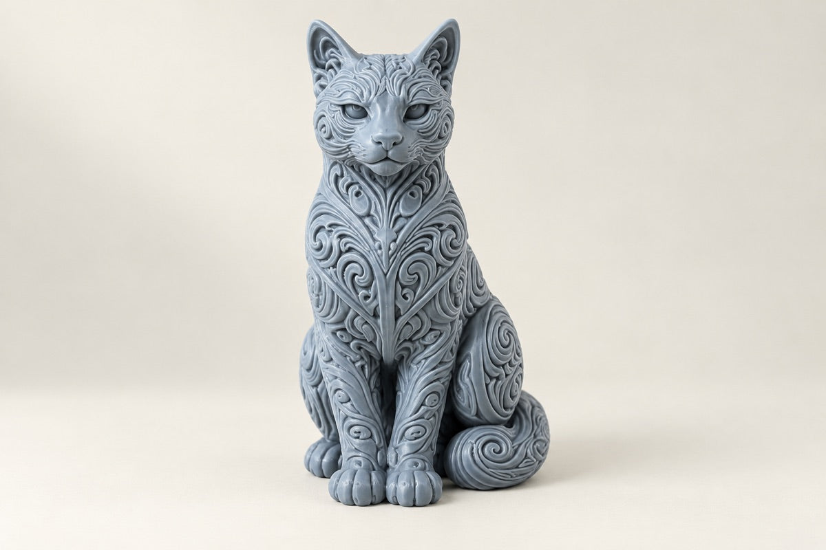 Ornate grey cat sculpture printed with intricate surface detail