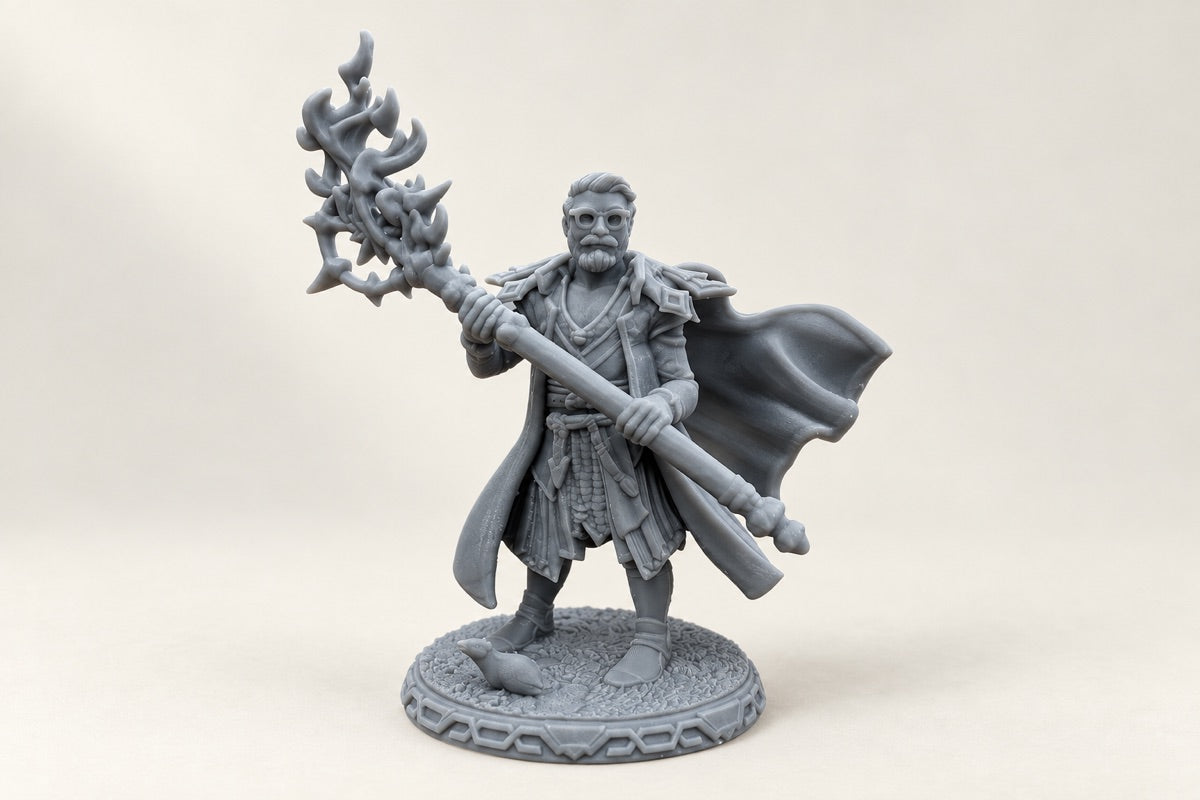 Grey resin miniature with ornate staff and detailed base