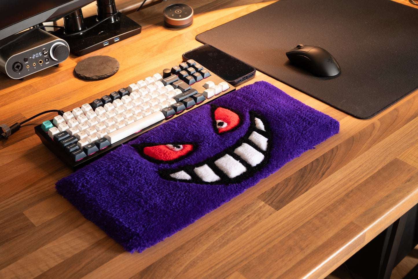 Tufted Purple Grin Wrist Rest – Handmade Desk Cushion for Gamers