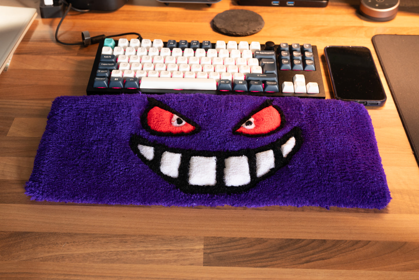 Tufted Purple Grin Wrist Rest – Handmade Desk Cushion for Gamers